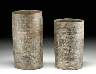 Pair Zapotec Grayware Cylinder Vessels w/ Glyphs