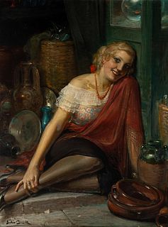 JULIO BORRELL PLA (Barcelona, 1877 - 1957). 
"Woman among jugs". 
Oil on canvas.