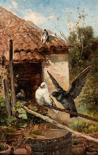 JAUME MORERA GALICIA (Lleida, 1854 - Madrid, 1927). 
"Dovecote". 
Oil on panel.