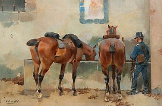JOSÉ CUSACHS Y CUSACHS (Montpellier, France, 1851 - Barcelona, 1908). 
"Giving water to the horses". 
Oil on canvas.