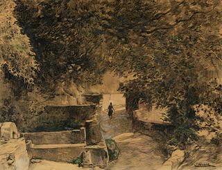 NICANOR VÁZQUEZ UBACH (Barcelona, 1861 - 1930). 
"Landscape with figure". 
Mixed media on paper.