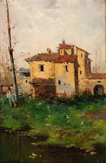 JOSEP ARMET PORTANELL (Barcelona, 1843 - 1911). 
"Rural houses with villager". 
Oil on panel.