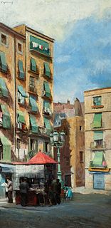 RAMÓN CAPMANY MONTANER (Canet de Mar, 1899 - Barcelona, 1992). 
"Plaça de Sant Agustí Vell, Barcelona". 
Oil on canvas.