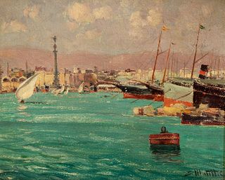 SEGUNDO MATILLA MARINA (Madrid, 1862 - Teià, Barcelona, 1937). 
"Port of Barcelona. 
Oil on canvas.