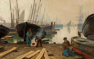 DIONÍS BAIXERAS VERDAGUER (Barcelona, 1862 - 1943). 
"Port view". 
Oil on canvas.