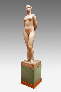 JOSEP BUSQUETS ÓDENA (Fontscaldes, Tarragona, 1914 - Barcelona, 1998). 
"Nude woman". 
Carved stone sculpture on felt-lined base.