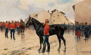 JOSEP CUSACHS (Montpellier, France, 1851 - Barcelona, 1908). 
"Military scene". 
Oil on canvas. Relined.