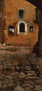 SANTIAGO RUSIÑOL I PRATS (Barcelona, 1861 - Aranjuez, Madrid, 1931). 
"House of peasant. 
Oil on canvas.