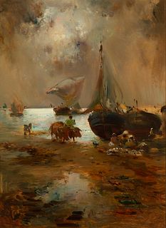 JOSÉ NAVARRO LLORENS (Valencia, 1867 - 1923). 
"Beach with fishermen". 
Oil on canvas.