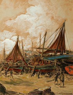 NICANOR VÁZQUEZ UBACH (Barcelona, 1861 - 1930). 
"Coastal scene with boats and figures". 
Mixed media on paper.