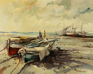 JUAN ANTONIO MUT TORROJA (Sitges, Barcelona, 1921 - Barcelona, 1990). 
"Boats in the sand". 
Oil on canvas.