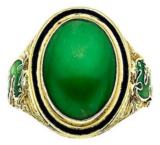 Art Deco Jadeite Jade, Enamel, Gold Ring