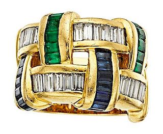 Sapphire, Emerald, Diamond, Gold Ring, Charles Krypell