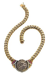 Ancient Coin, Diamond, Ruby, Gold Necklace