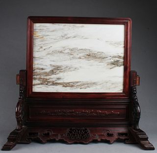 Chinese Hardwood Table Screen With Marble Inlay