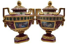 Pair ROYAL VIENNA Porcelain Lidded Pedestal Urn Vases