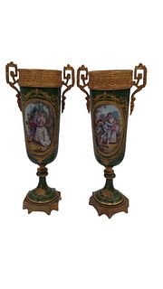 18th Century Pair of Sèvres Style Green Gilt Vases
