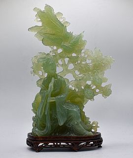 Wang Qiang 14" Jade Statue on Rosewood Stand