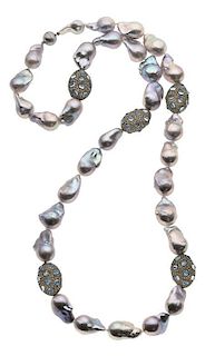 Dyed Freshwater Cultured Pearl, Colored Diamond, Moonstone, Silver Necklace
