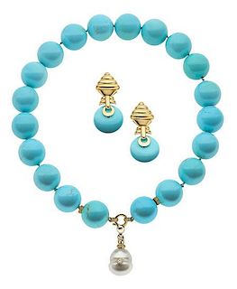 Turquoise, Diamond, South Sea Cultured Pearl, Gold Jewelry Suite