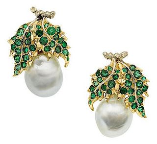 South Sea Cultured Pearl, Emerald, Gold Earrings, Buccellati