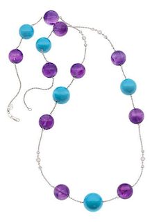 Turquoise, Amethyst, Diamond, White Gold Necklace