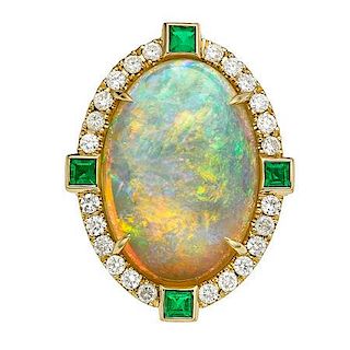 Opal, Diamond, Emerald, Gold Ring
