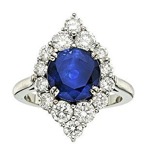 Sapphire, Diamond, Platinum Ring
