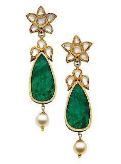 Diamond, Emerald, Cultured Pearl, Enamel, Gold Earrings