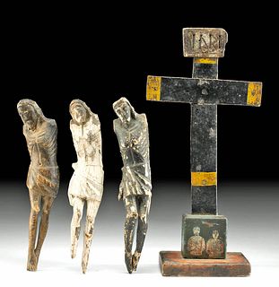 19th C. Spanish Colonial Wood Cross w/ 3 Jesus Figures