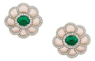Emerald, Coral, Diamond, White Gold Earrings