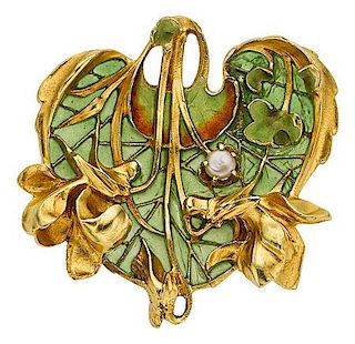 Art Nouveau Plique-…-Jour Enamel, Pearl, Gold Pendant, Lucien Gautrait