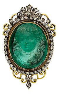 Antique Emerald Cameo, Diamond, Gold Brooch