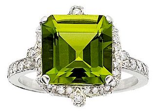 Art Deco Peridot, Diamond, Platinum Ring