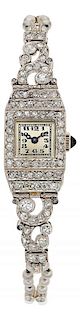 Art Deco Swiss Lady's Diamond, Cultured Pearl, Platinum Watch