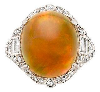 Art Deco Opal, Diamond, Platinum Ring