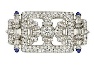 Art Deco Diamond, Sapphire, Platinum Brooch