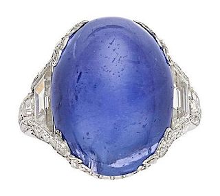 Art Deco Star Sapphire, Diamond, Platinum Ring