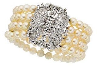 Art Deco Cultured Pearl, Diamond, Platinum Bracelet