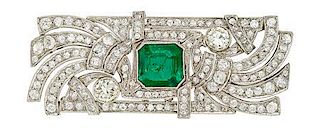 Art Deco Emerald, Diamond, Platinum Brooch