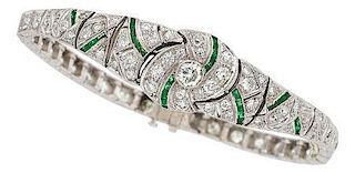 Art Deco Diamond, Emerald, Platinum Bracelet