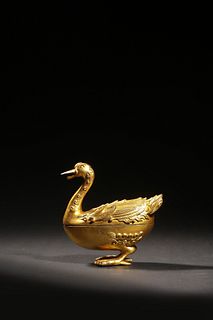 Ming Dynasty: A Gilt Bronze Duck Container