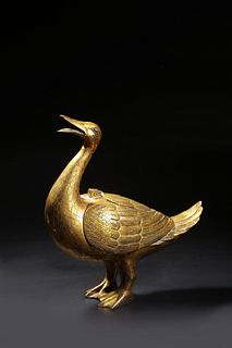 Ming Dynasty: A Gilt Bronze Duck Figurine
