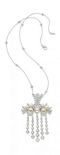 Diamond, Cultured Pearl, White Gold Pendant-Brooch-Necklace
