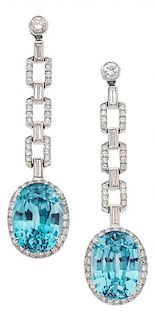 Blue Zircon, Diamond, Platinum Earrings