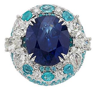 Sapphire, Diamond, Tourmaline, White Gold Ring