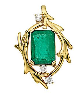 Emerald, Diamond, Gold Pendant-Necklace