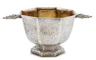 Dutch Brandy Bowl, 1652, octagon shaped on cast domed foot with putti and fruit, all sides engraved, one with coat of arms, one with three people at a