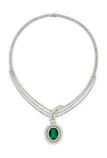 Emerald, Diamond, White Gold Necklace