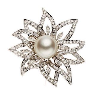 South Sea Cultured Pearl, Diamond, Platinum Clip-Brooch